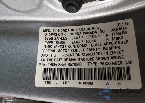 2018 Honda Civic Lx z USA, uszkodzony, nr VIN 2HGFC2F54JH528543